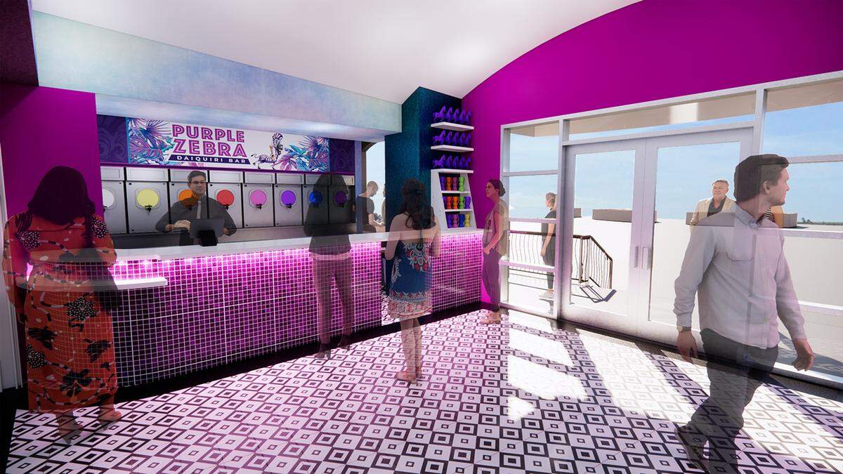 A rendering shows the new Purple Zebra walkup bar opening at Harrah’s Gulf Coast over Memorial Day Weekend. The bar opens to the pool and the lobby.