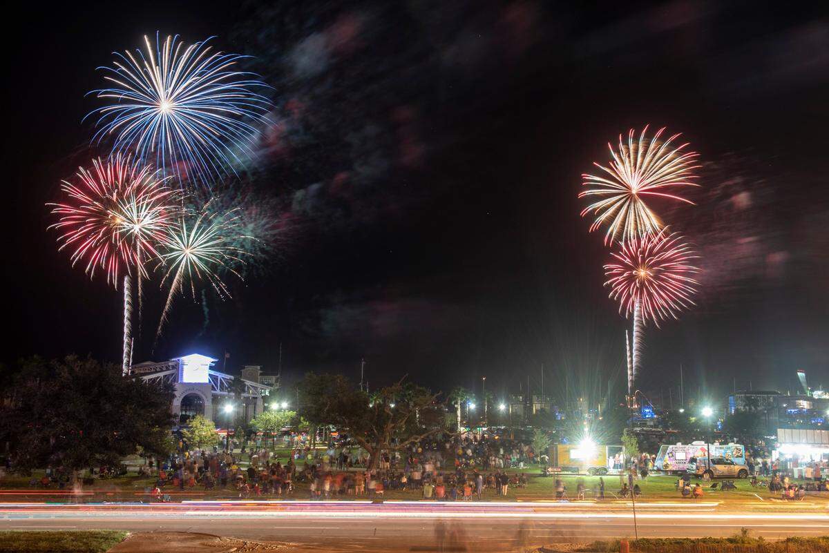 Fireworks explode over Jones Park in Gulfport during the Sea of Stars drone show on Friday, Oct. 1, 2021.
