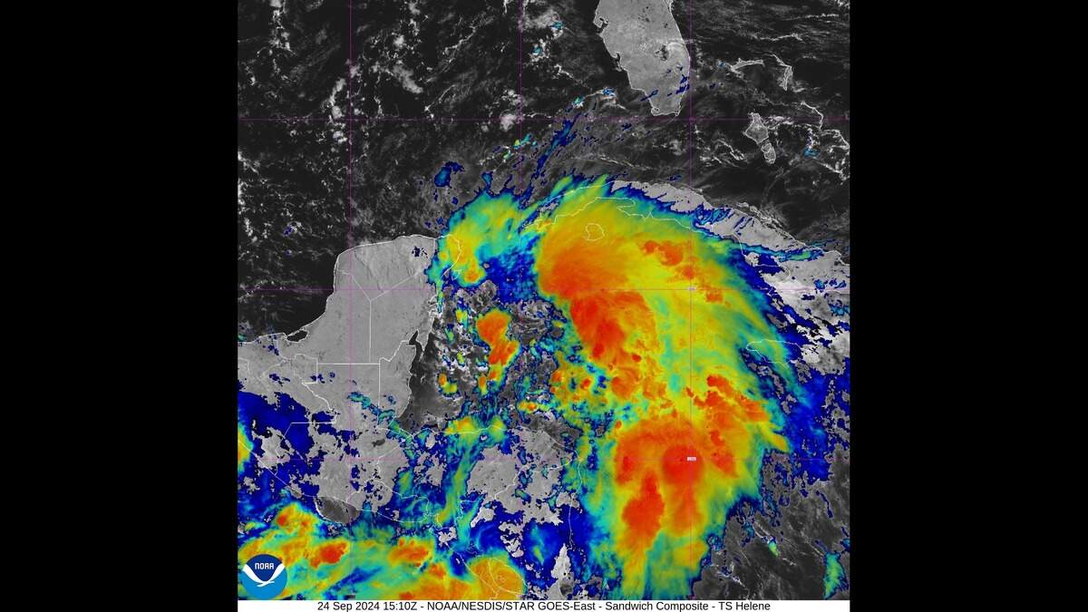 A satellite image of Tropical Storm Helene on Tuesday morning from the National Oceanic and Atmospheric Adminstration.