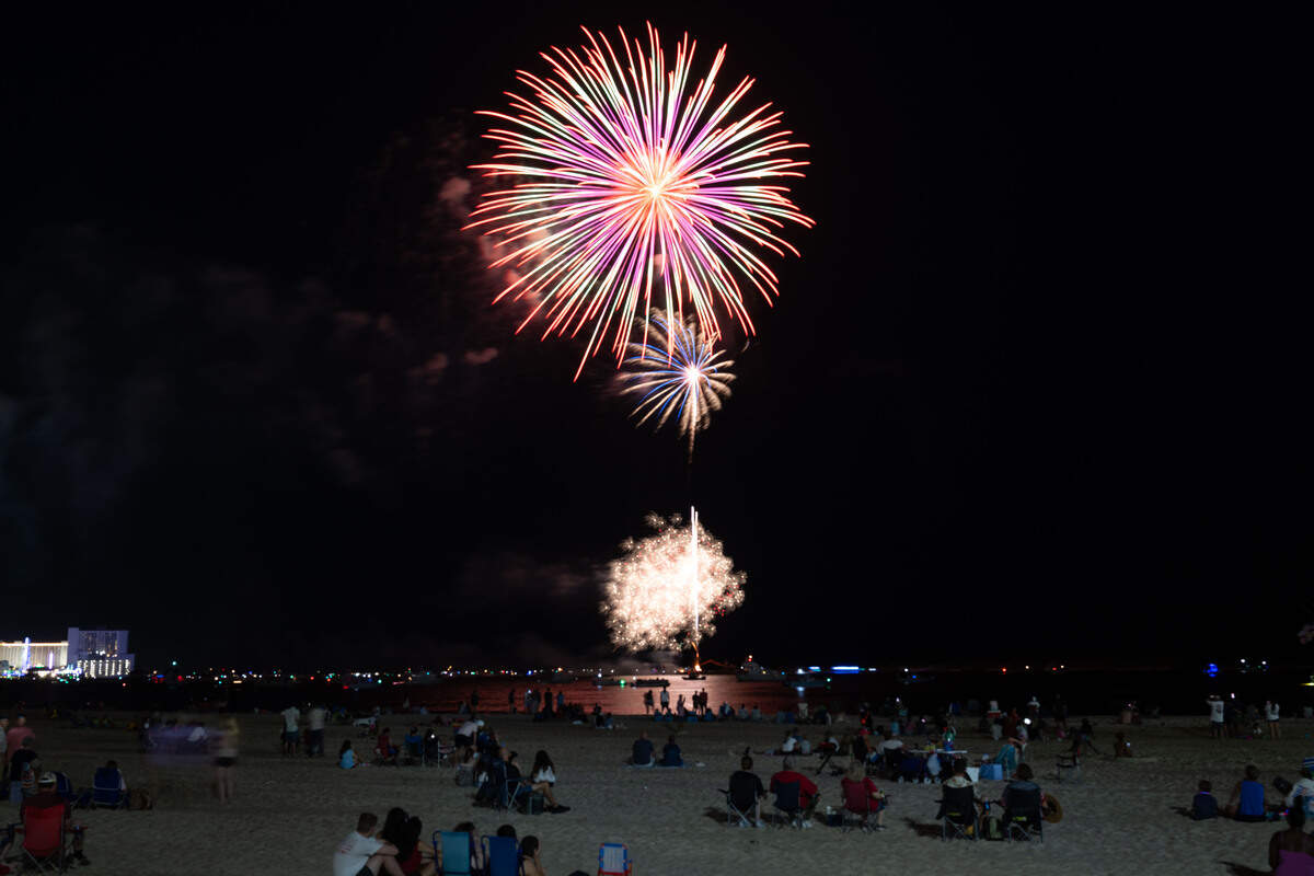 Fireworks are shot into the air during the annual firework show over the Mississippi Sound on Saturday, July 4, 2026.