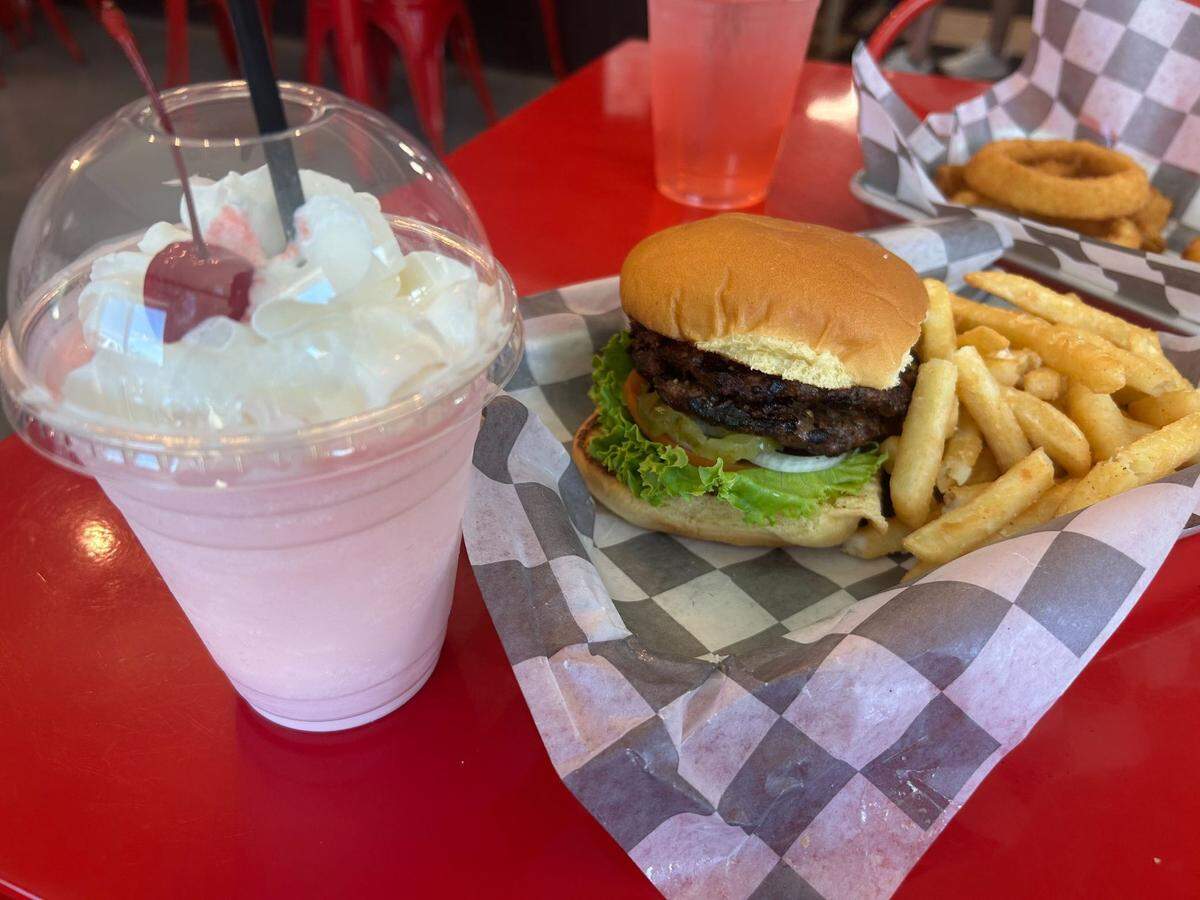 A classic burger and shake meal at Luckies Diner in Vancleave, Mississippi.