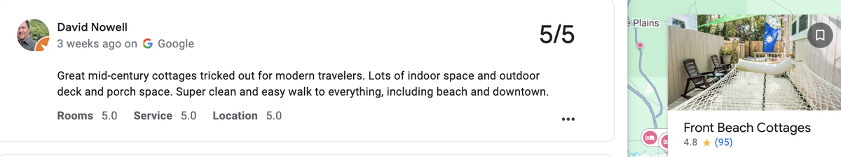 Front Beach Cottages in Ocean Springs has a 4.8-star rating on Google reviews.