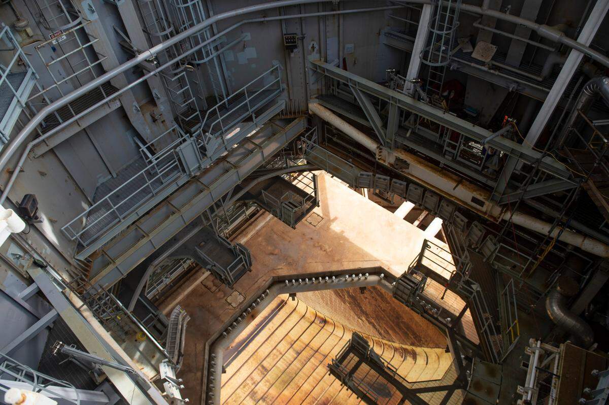 A look down into one of NASA’s test stands at Stennis Space Center on Monday, Aug. 8, 2022. The core stage of NASA’s SLS rocket, which contained four RS-25 engines, was tested here in January 2021.