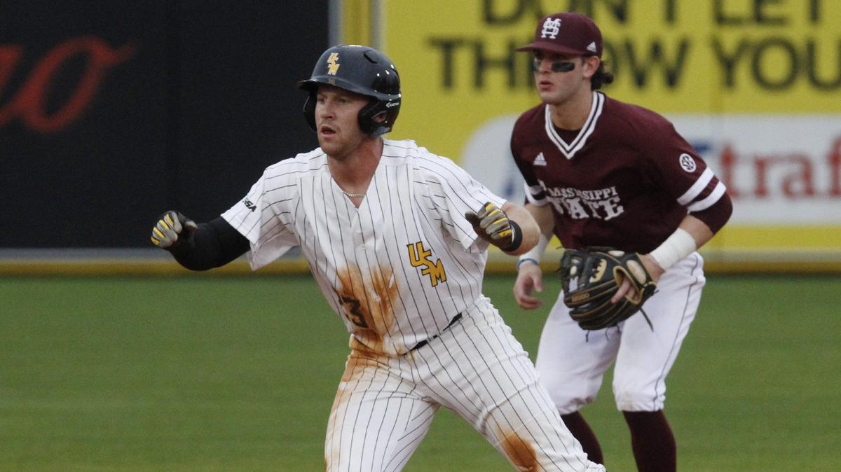 Southern Miss third baseman watches a pitch on Feb. 16 in a game against Mississippi State. The Eagles' (35-12) RPI ranking continues to lag a bit at No. 34. If USM wants to place itself in a strong position to host, it will need to be nearly flawless down the stretch and win the Conference USA tournament in Biloxi.