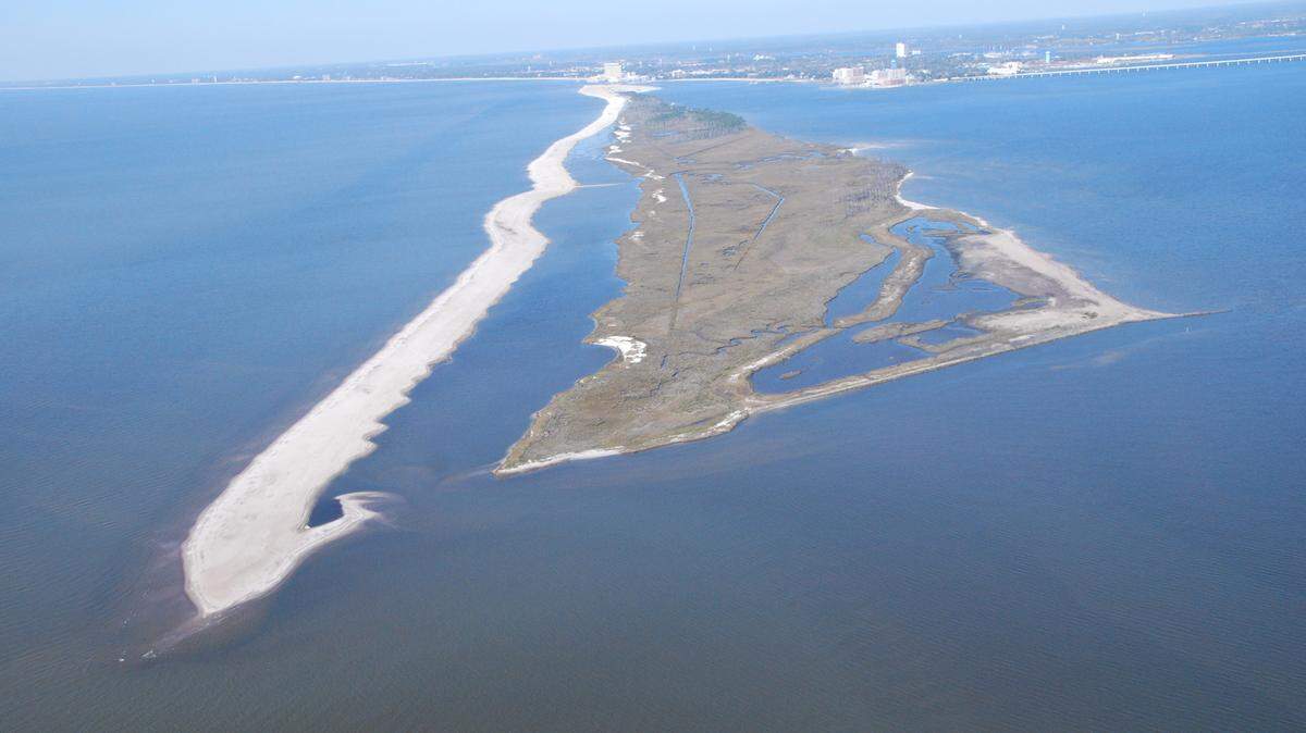 Deer Island’s east end. The beach will eventually encircle the island, and the interior lagoon will become marsh habitat.