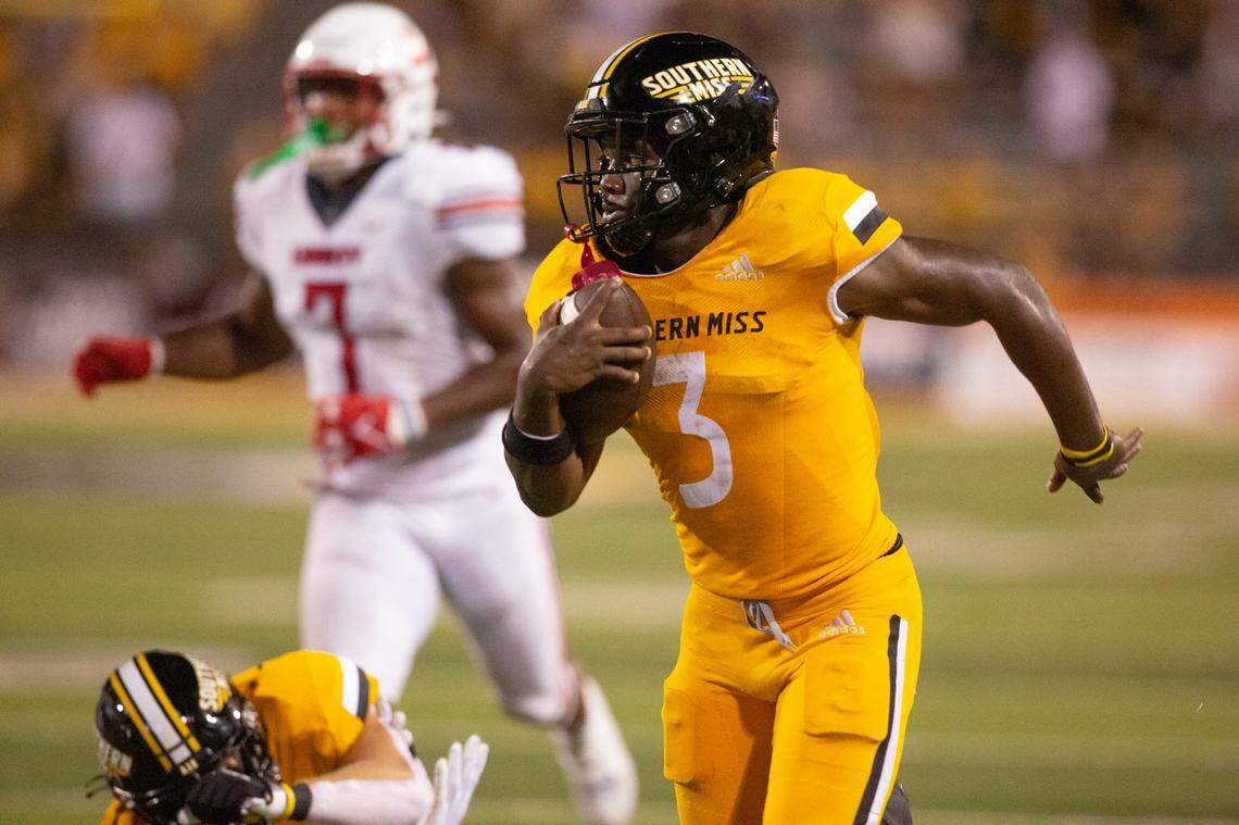 Southern Mississippi running back Frank Gore Jr. (3) runs the ball down for a touchdown against Liberty during a NCAA college football game in Hattiesburg, Miss., Saturday, Sept. 3, 2022. Southern Mississippi lost 29-27