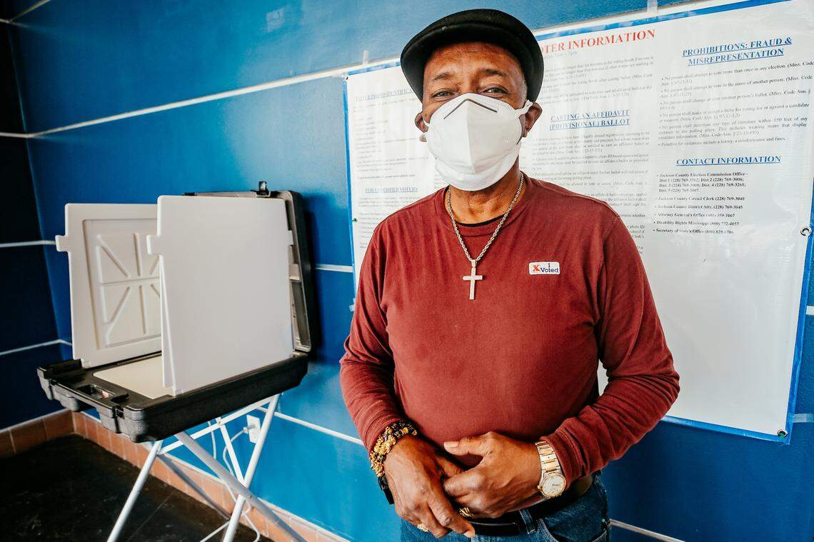 Issac Thomas, a Pascagoula native, acts as a polling place baliff to ensure everything goes smoothly throughout the day as Moss Point residents cast their votes during the April 6, 2021 municipal primary elections. Thomas said the Pelican Place convention center in Moss Point had been slower throughout the morning.