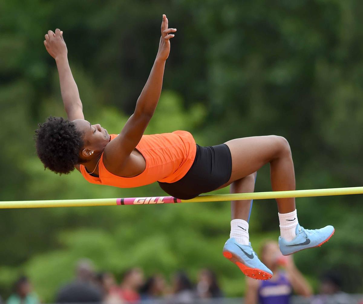 West Harrison’s Allanah Turner clears the bar in the Class 5A high jump on Saturday, May 5, 2018, in the MHSAA Class 1A-3A-5A State Track & Field Meet at Pearl High School in Pearl, Miss.
