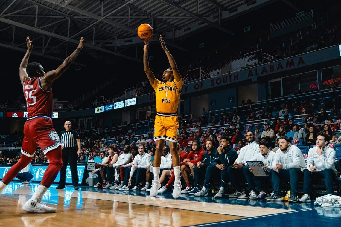 Austin Crowley puts up a shot for Southern Miss against South Alabama on Feb. 28, 2024. The game one of two games mentioned in an indictment with accusations of point-shaving against some USM players.
