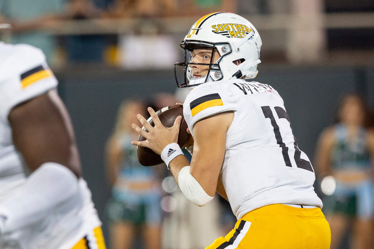 Southern Miss Golden Eagles quarterback Zach Wilcke (12) looks for a pass during a game against Tulane at Yulman Stadium in New Orleans on Saturday, Sept. 24, 2022.