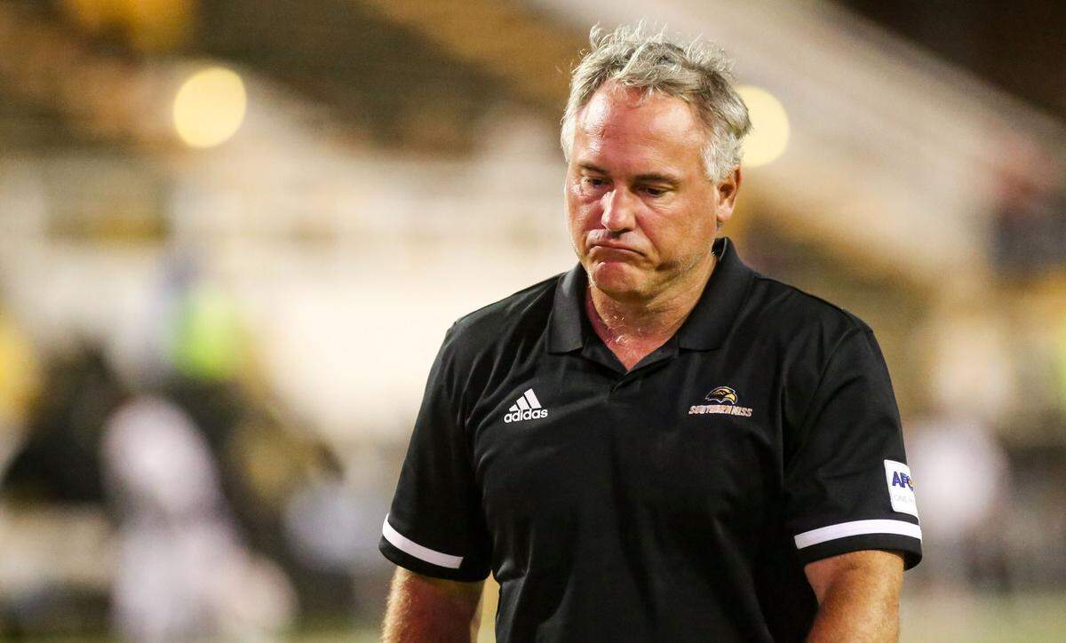 Southern Miss football coach Jay Hopson walks off the field at M.M. Roberts Stadium on Thursdsay, Sept. 3, after a 32-21 defeat to South Alabama.