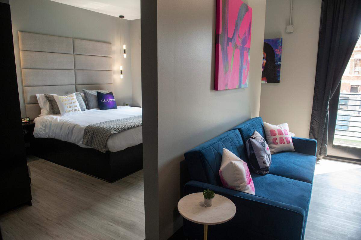 The girls night out themed room at The Bella, a boutique hotel in Biloxi, on Wednesday, Sept. 13, 2023. The hotel’s rooms all have different modern themes related to today’s pop culture.
