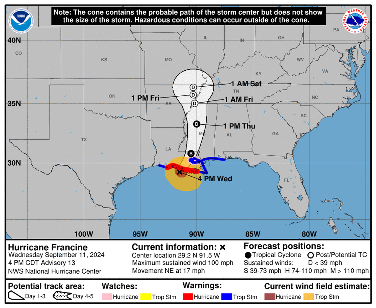 The National Hurricane Center upgraded Hurricane Francine to a Category 2 story hours before it was forecast to make landfall on the Louisiana coast.