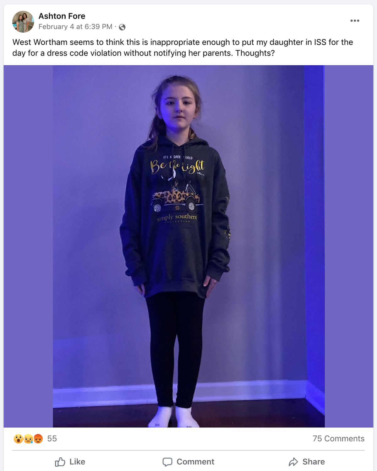 Shiloh’s mother posted a picture of the offending outfit to Facebook, receiving 75 comments, many of which came from West Wortham parents outraged by the principal’s action.