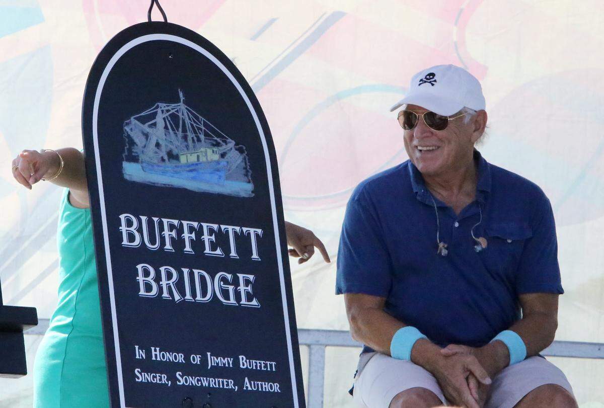 Jimmy Buffett admires one of the signs that will go up near a small bridge in Pascagoula dedicated in his honor.
