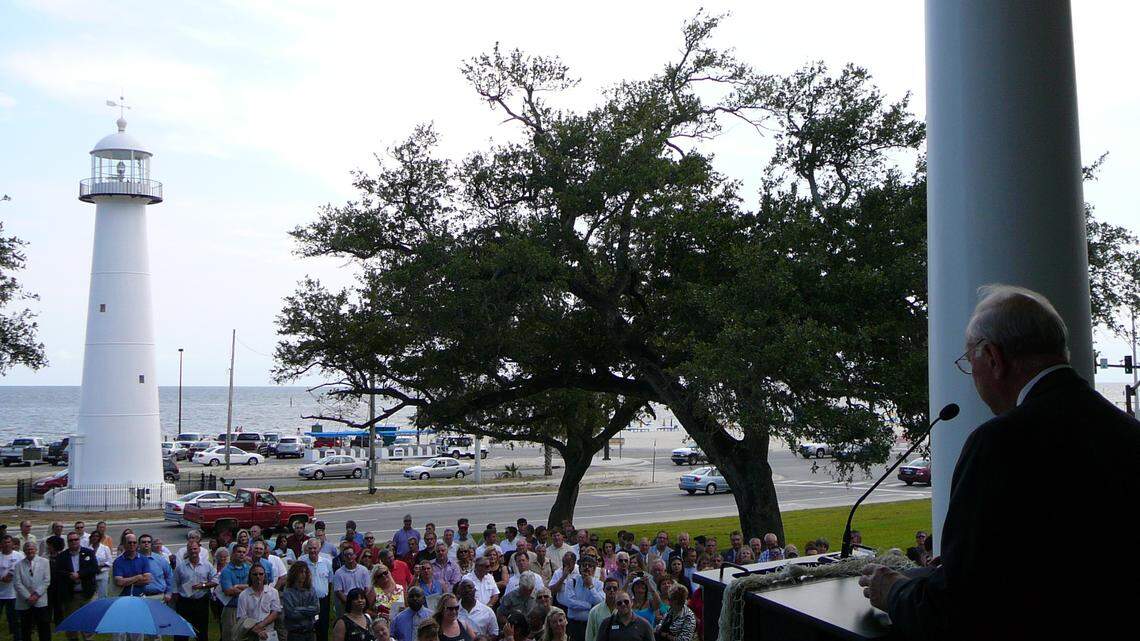 Then-Mayor A.J. Holloway addresses the crowd during the dedication of the Biloxi Lighthouse Visitors Center on U.S. 90 in 2011.