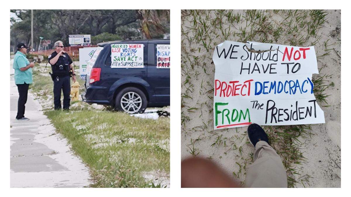 Photos from the scene of an incident between a protester and a retired cop show signs the 74-year-old woman had when she was allegedly assaulted by Craig DeRouche, 64, a retired Long Beach police officer.