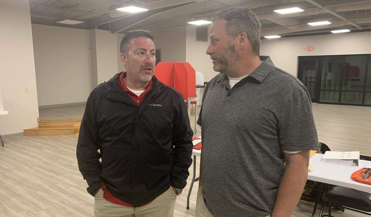 David Shoemaker, left, and Kevin Kostmayer, candidates for the Ward 7 Biloxi Council seat, await the results Tuesday night in the special election.