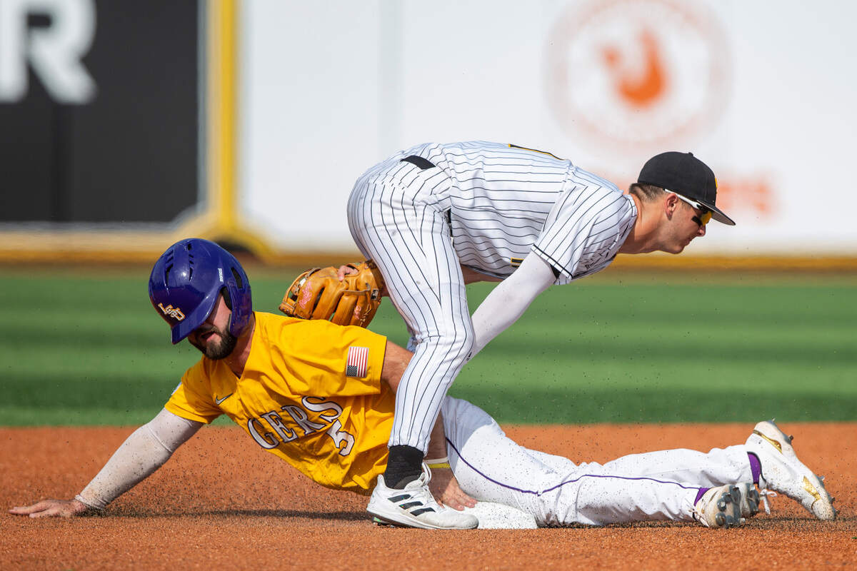 LSU’s Drew Bianco is tagged out at second base during the NCAA Regionals game at Pete Taylor Park in Hattiesburg on Monday, June 6, 2022.