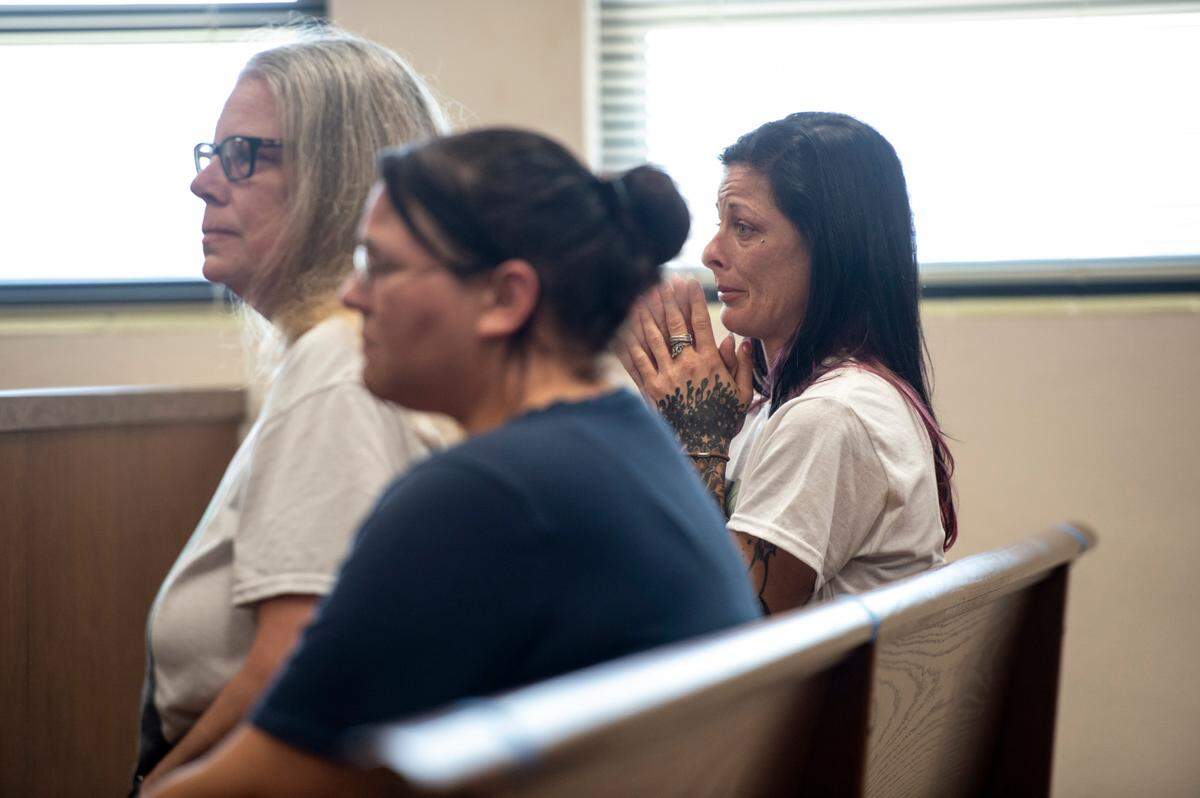 Family members of Hayden “Bam Bam” Bataille, listen as Joseph David Heard, accused of the murder of Bataille along with the victim’s mother Hailey Leann Heard, undergoes a hearing at Harrison County Court in Biloxi on Wednesday, May 18, 2022.