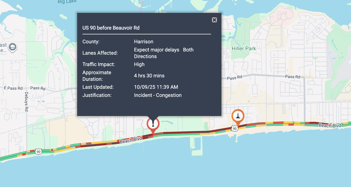 A Mississippi Department of Transportation traffic map shows major delays at 11:45 a.m. Thursday in Biloxi.
