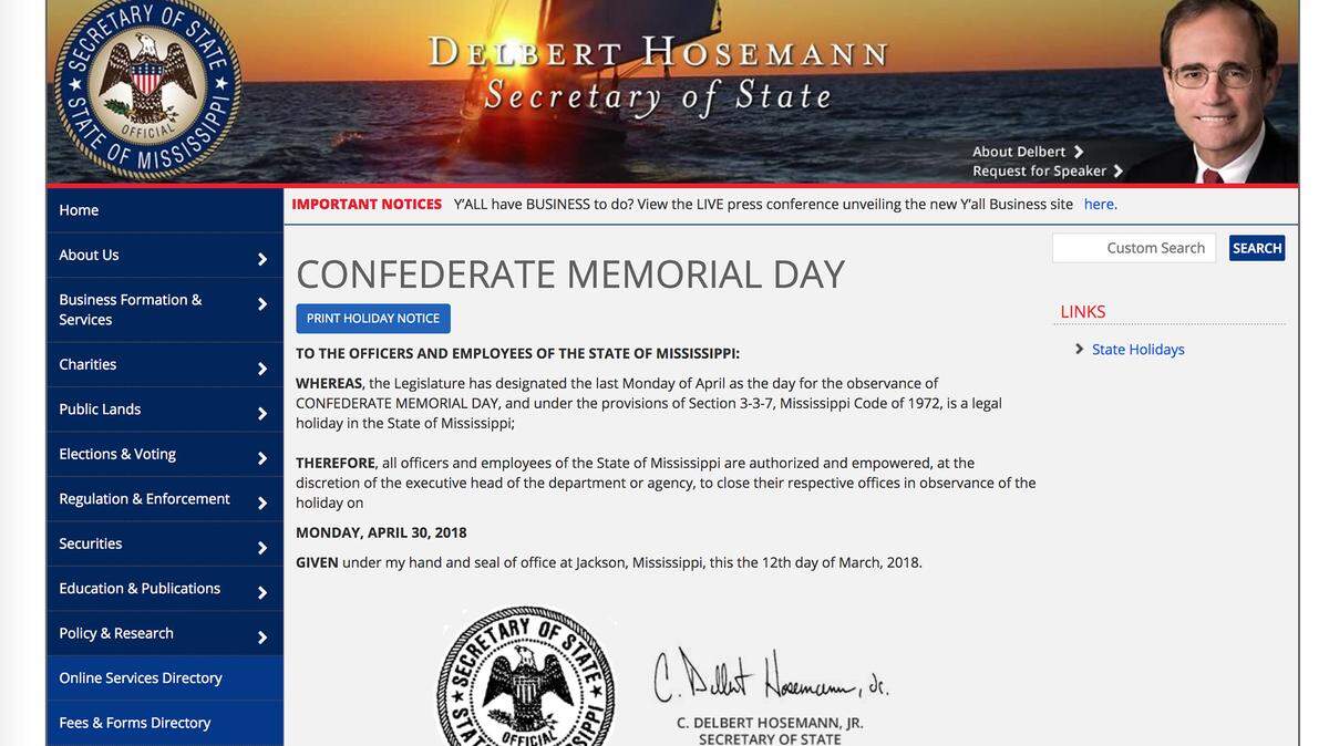 A screen shot from the Mississippi Secretary of State's web page shows the official declaration of Confederate Memorial Day as a state holiday.