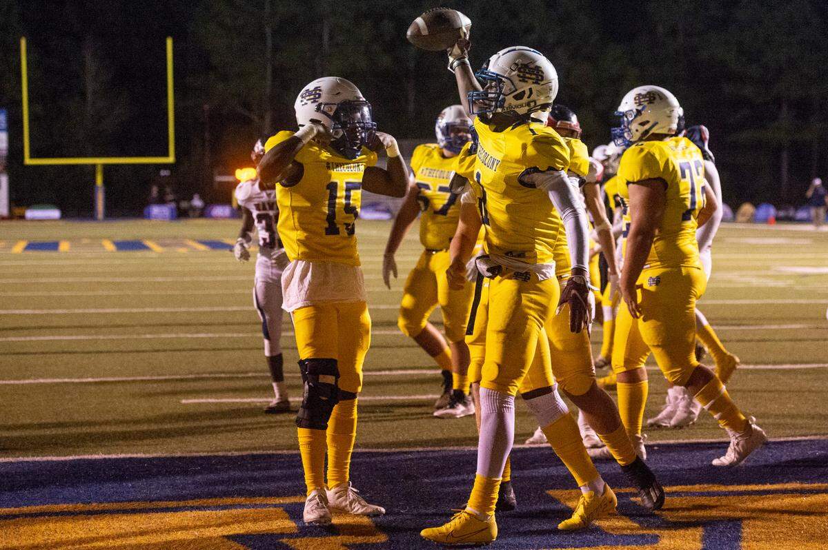St. Martin’s Noreel White celebrates after scoring a touchdown during a game against Hancock at Joe Barlow Stadium in St. Martin on Friday, Sept. 30, 2022.