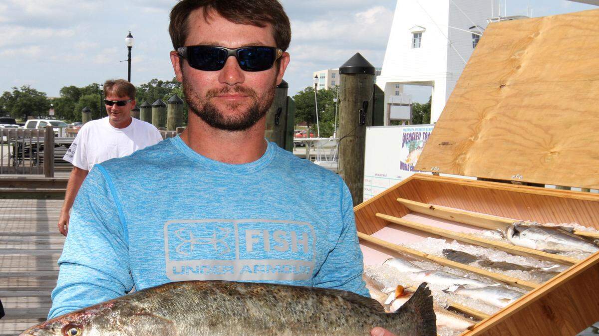 JOHN FITZHUGH/SUN HERALD 
 Ashton Bond of Pass Christian holds his 6.52-pound speckled trout at the Sprayberry-Schankin Memorial Speckled Trout tournament at Jones Park in Gulfport on Sunday May 22, 2016.