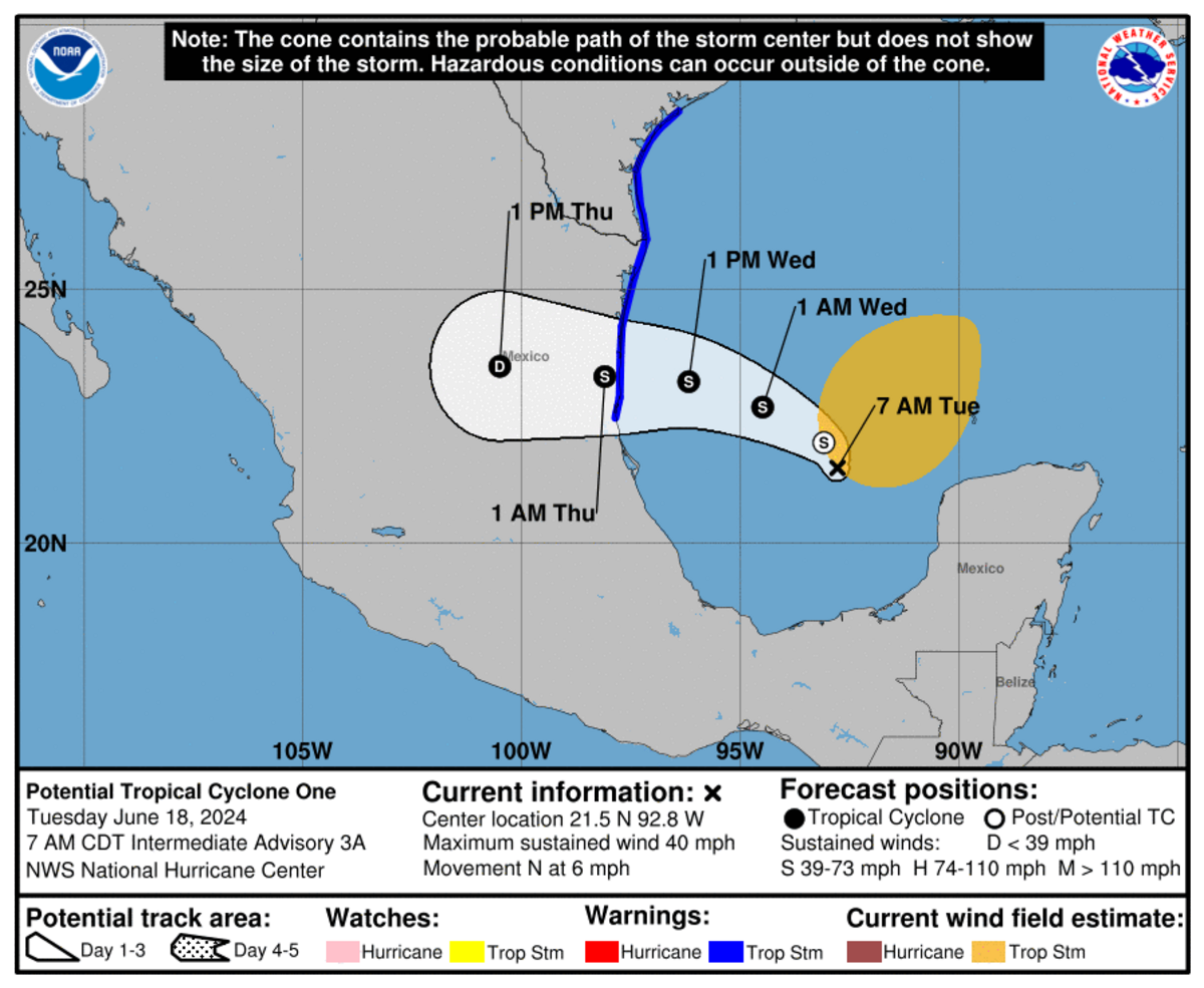 A predicted track for Potential Tropical Cyclone One from the National Hurricane Center and National Weather Service.