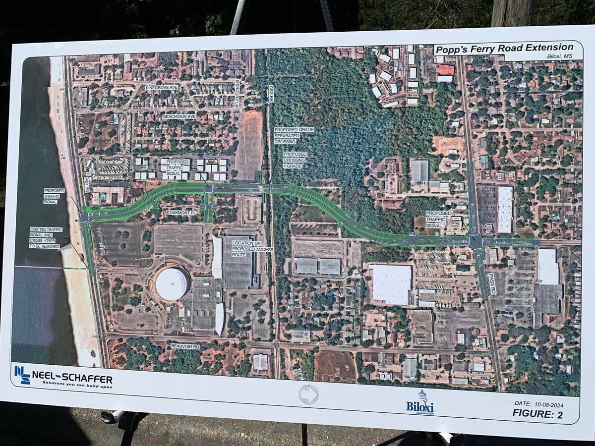 The 1.5-mile Popp’s Ferry Connector will run from Pass Road to Beach Boulevard, curving around the parking garage at the Coast Coliseum and Convention Center. This rendering from Neel-Shaffer engineering shows the route.