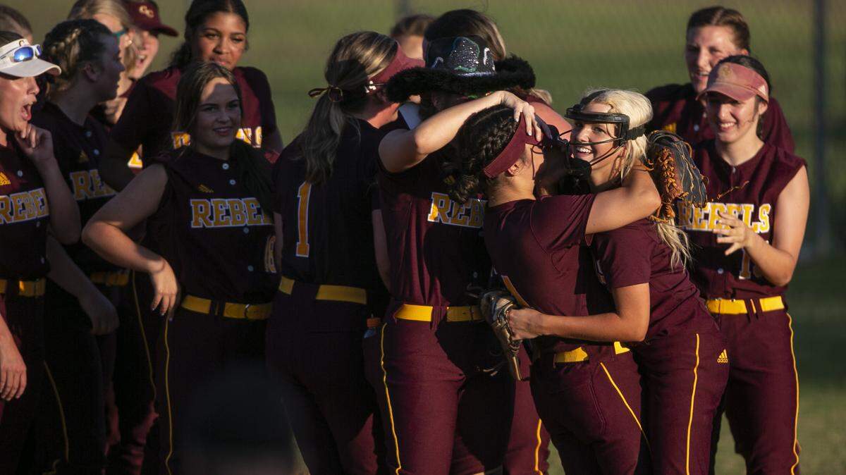 The George County High School varsity softball team celebrates a win over Vancleave at Vancleave High School on Friday, May 6, 2022.