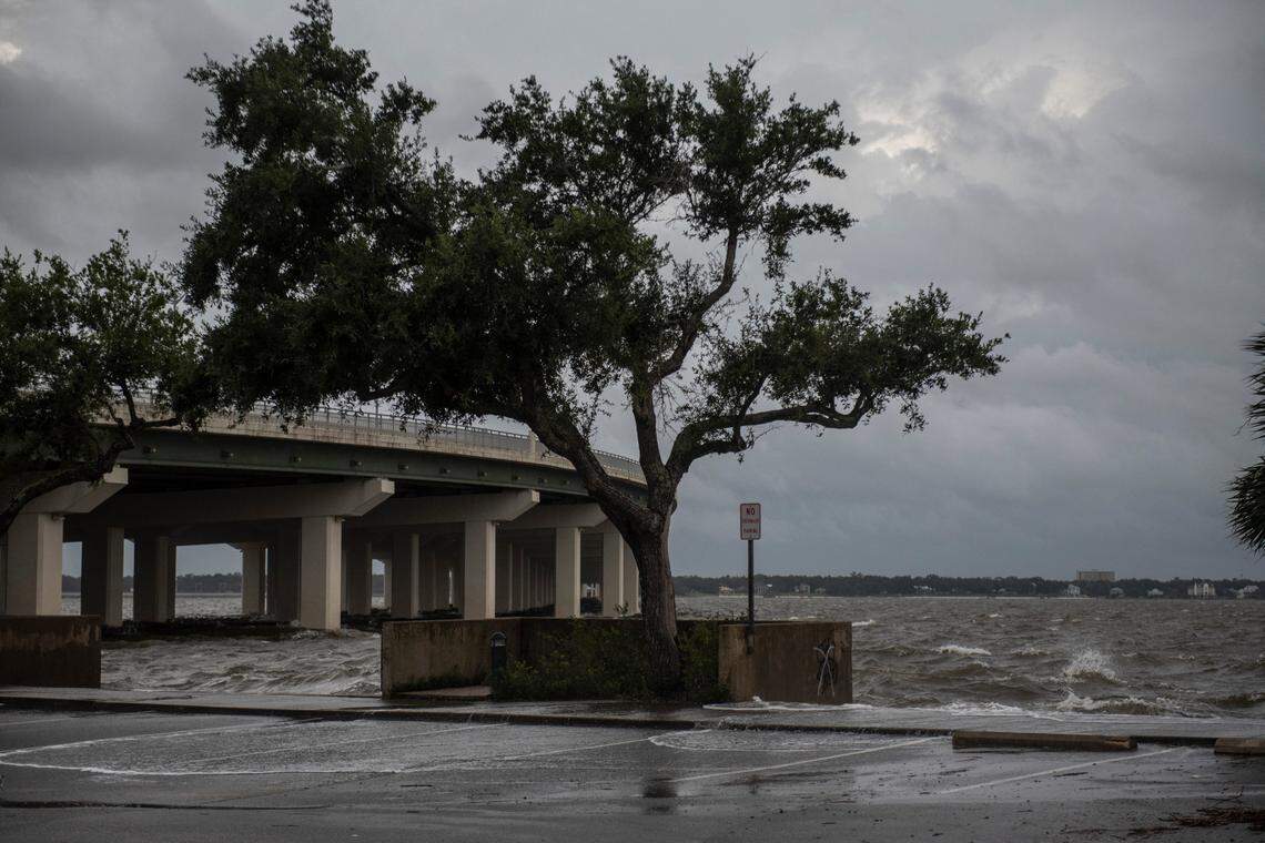 Wind and waves pick up next to the parking lot of the Golden Nugget casino in Biloxi as Hurricane Ida approaches on Sunday.