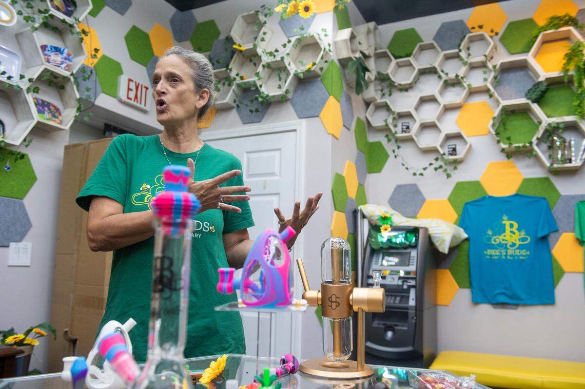 Barbara Wilson, part owner of Bee’s Buds, talks about the benefits of medical marijuana for patients at Bee’s Buds location in St. Martin on Monday, July 8, 2024. Wilson was one of the first business owners to get into Mississippi’s medical marijuana business.