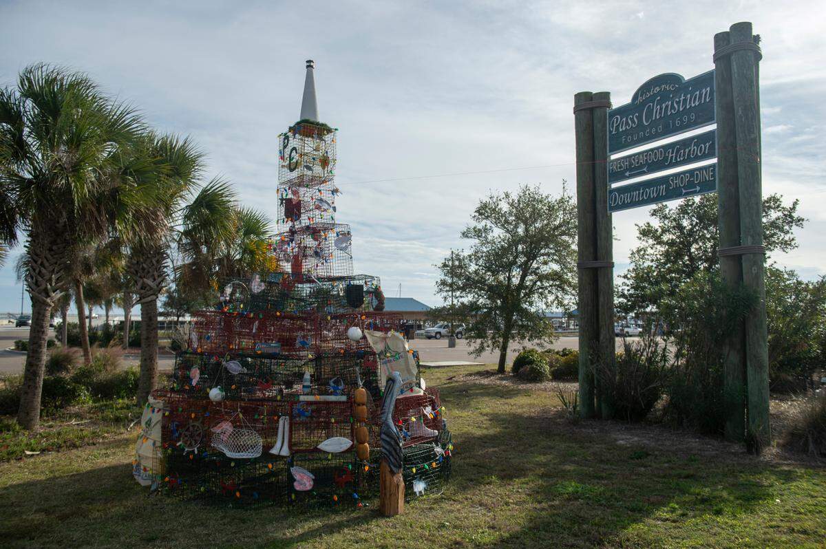 A Christmas tree made out of crab traps and other fishing equipment at the Pass Christian Harbor on Thursday, Nov. 30, 2023.