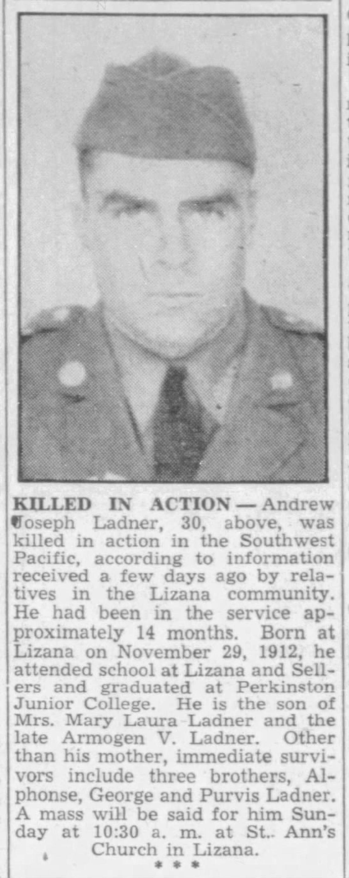 A news clipping shows the obituary of Private Andrew Joseph Ladner from Lizana. His body will be returned to Gulfport after nearly 80 years.