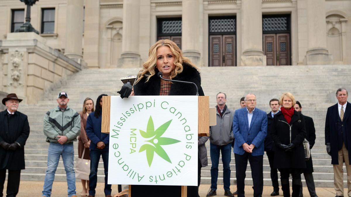 From the south steps of the Capital, Mississippi Cannabis Patients Alliance founder Angie Calhoun with supporters, makes a plea to the Governor to change his position on medical marijuana, Tuesday, Jan. 4, 2021 in Jackson.