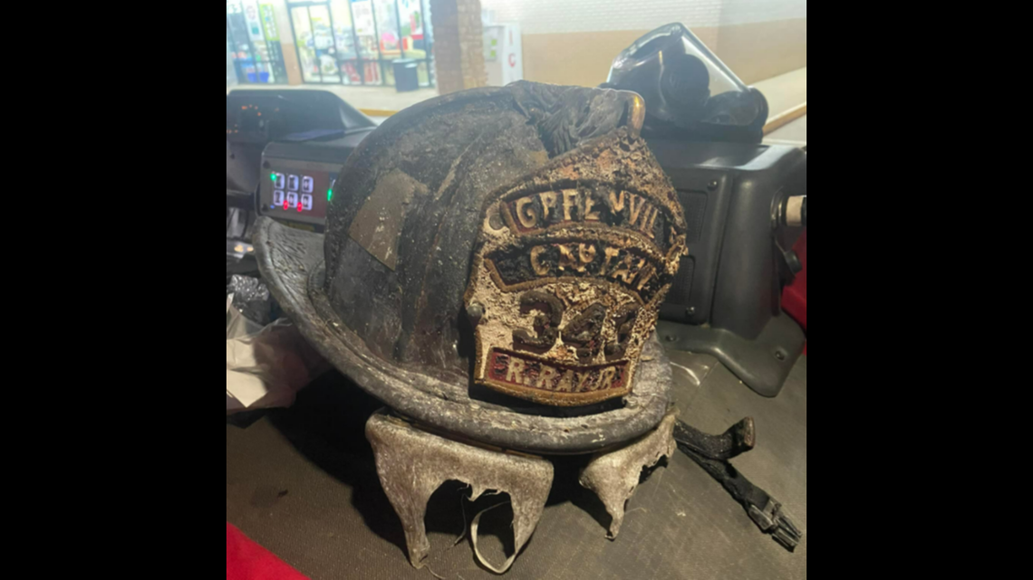 This is the helmet of one of the firefighters involved in trying to save a child from a burning home in Greenville, Mississippi, on March 1.