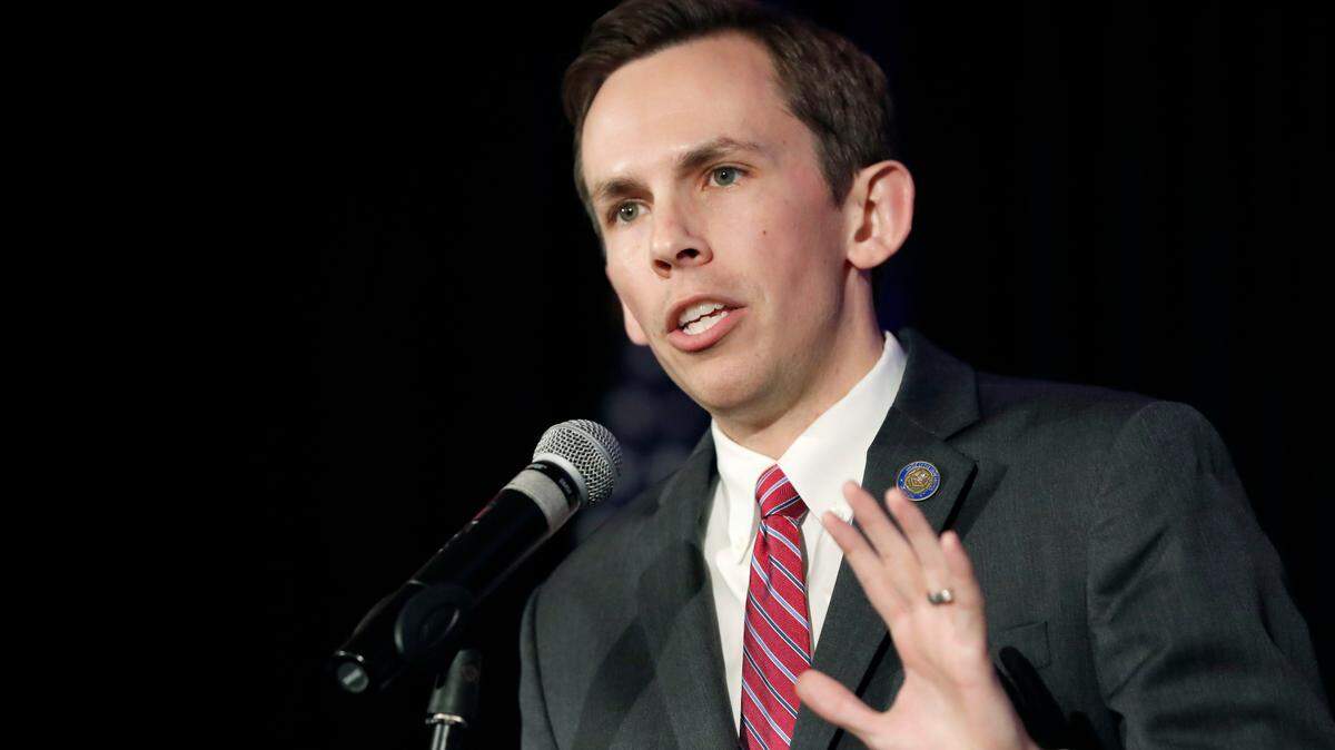 Republican State Auditor Shad White thanks supporters at a state GOP election night victory party, Tuesday, Nov. 5, 2019, in Jackson, Miss. White, who was appointed to the position, ran unopposed. (AP Photo/Rogelio V. Solis)
