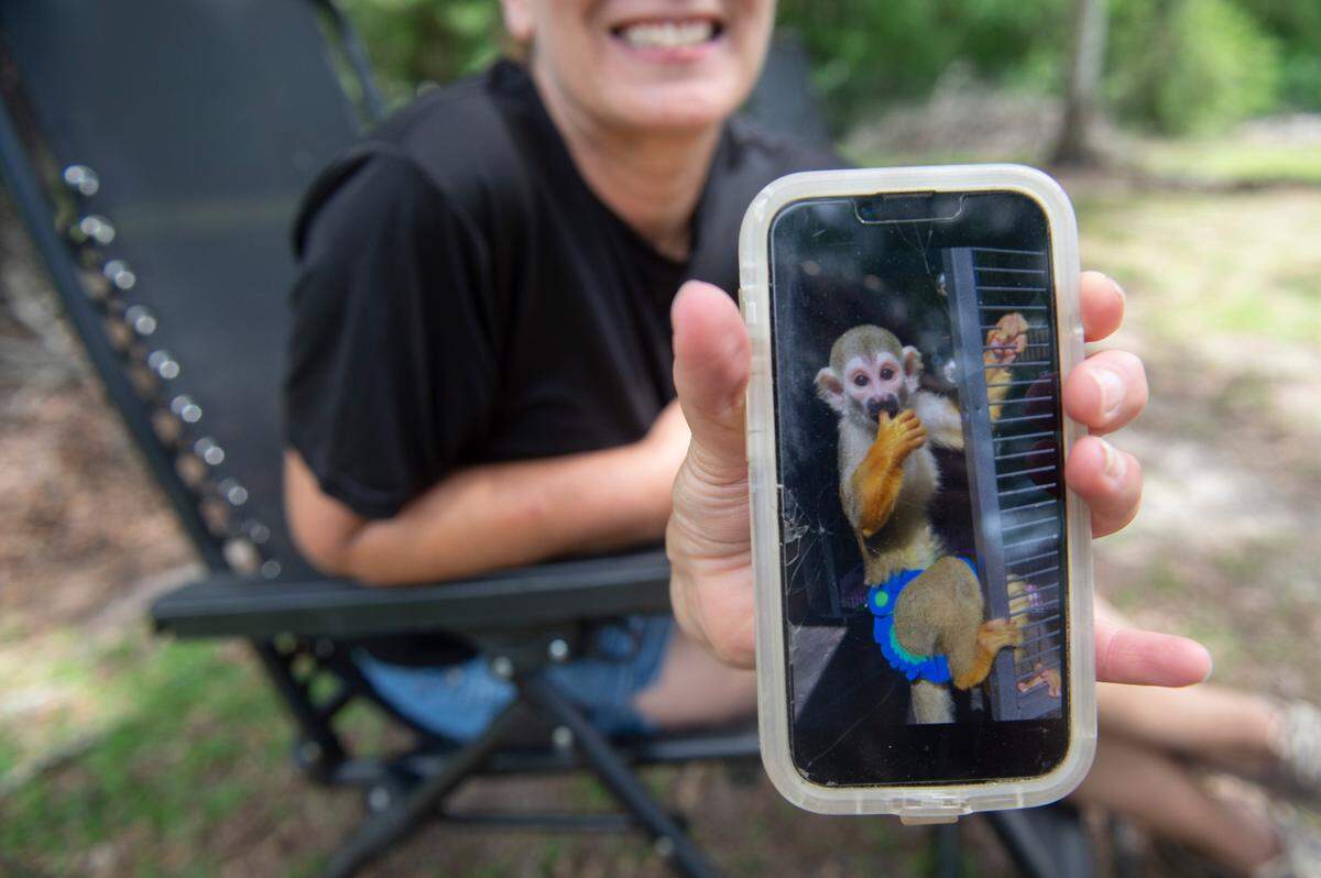 April Stewart shows a photo of one of two squirrel monkeys she will be caring for at Gulf Coast Primate Sanctuary in Perkinston, on Thursday, May 1, 2025.