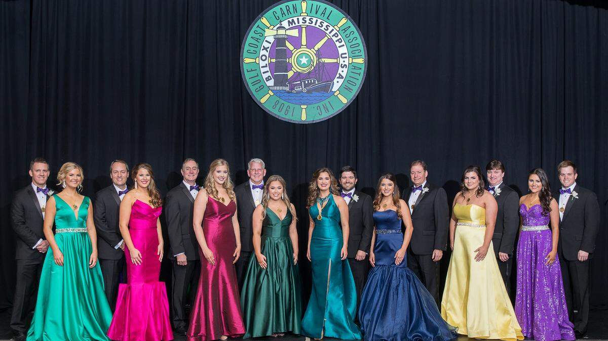 The 2019 Gulf Coast Carnival Association court, from left: Chad Warner Blalack, Mary Margaret Muths, Gregory P. Wyrosdick, Victoria Kathleen Mayer, Vincent J. Pisciotta, Mallory Suzanne Welter, John Mallett, Colby Raye McMurphy, Grace Elizabeth Munro, Robby Mack Williams, Leah Michelle O’Neill, David J. Leckich, Kameron Alexandra Simpson, Elliott Voivedich, Abbie Elizabeth Brashier and Jeffrey Ward Bertucci.