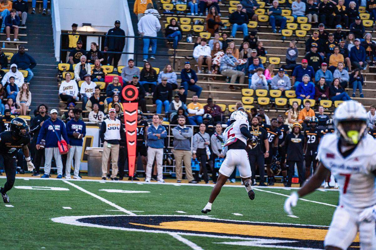 South Alabama’s Micah Woods catches a pass Saturday, Nov. 23, 2024, during the Jaguars’ victory over Southern Miss in Hattiesburg.