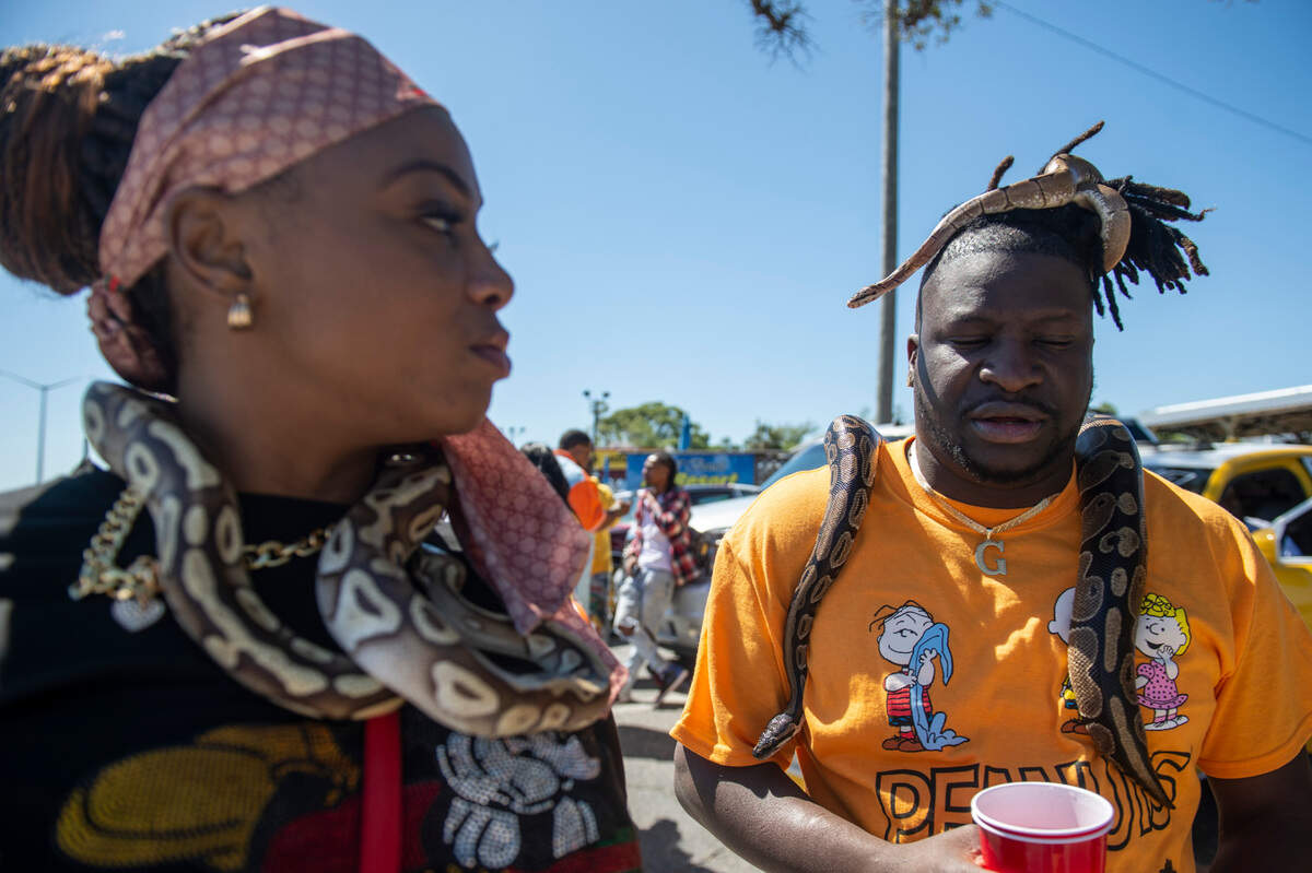 Tiffany Ellis, left, and CJ walk around with their snakes Striker, Key and Cody during Black Spring Break in Biloxi on Saturday, April 9, 2022.
