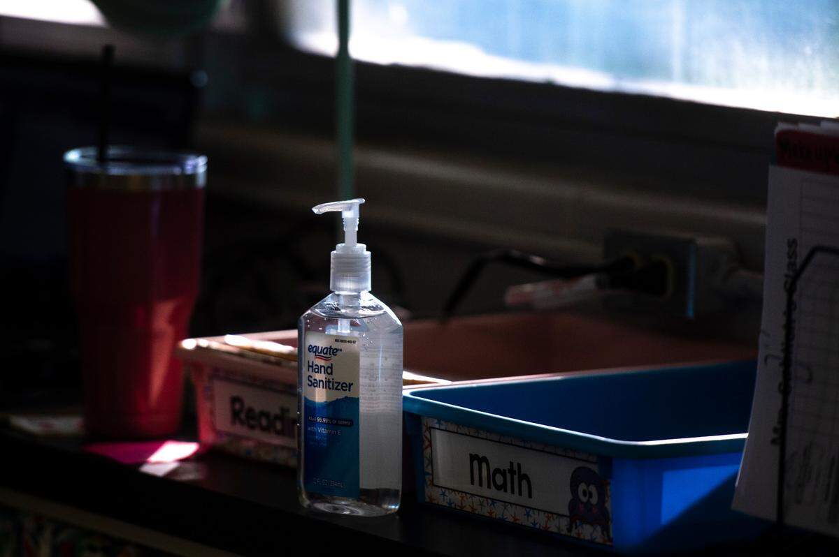 Hand sanitizer sits on a counter at Gautier Elementary on Monday, July 5, 2021. Students are still required to wear masks and wash their hands when they arrive at school.