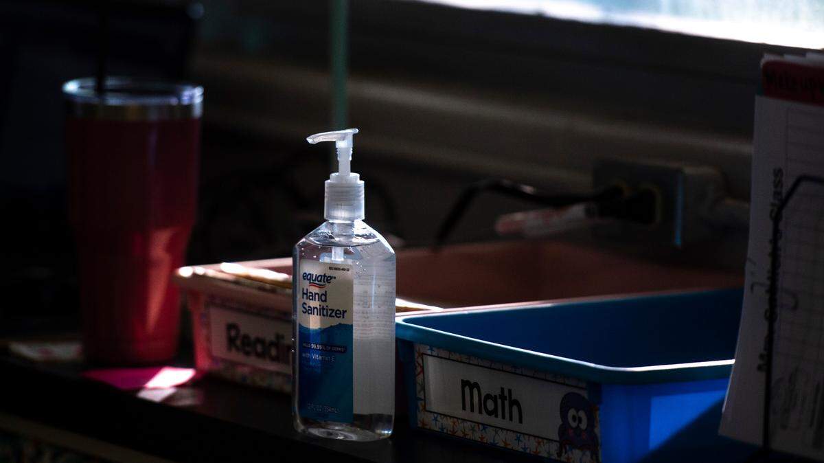 Hand sanitizer sits on a counter at Gautier Elementary on Thursday, Aug. 5, 2021. Students are still required to wear masks and wash their hands when they arrive at school.
