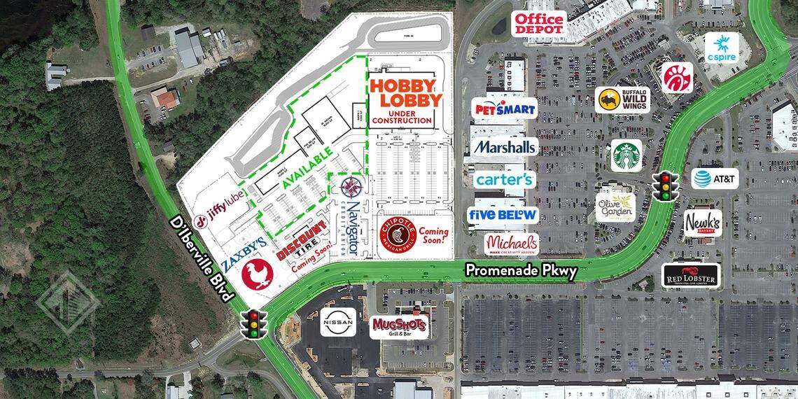 This file rendering of One Promenade shows a vacant site at the top left where Tractor Supply will be built. Several of the businesses marked “coming soon” are open.
