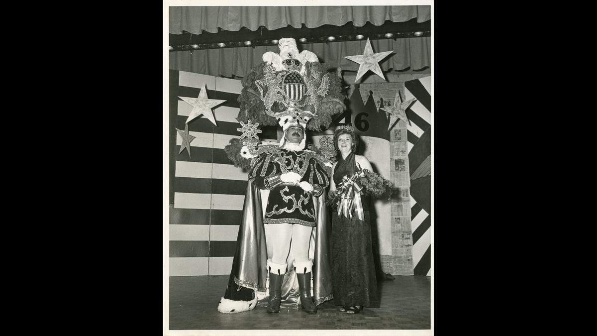 Elaborate headresses are worn by kings and queens at Coast Mardi Gras balls. This photo is from the Walter Fountain collection.