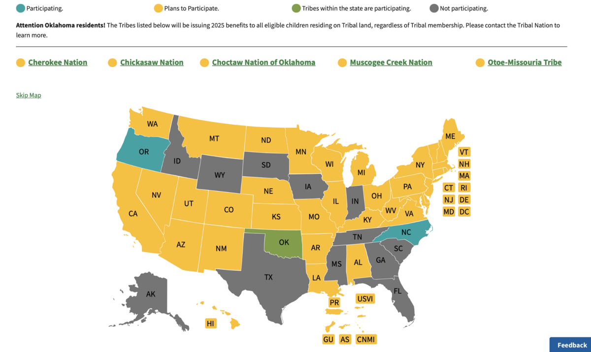 USDA’s Food and Nutrition Service’s Sun Bucks (EBT) map shows states that chose to participate in the program in 2025.