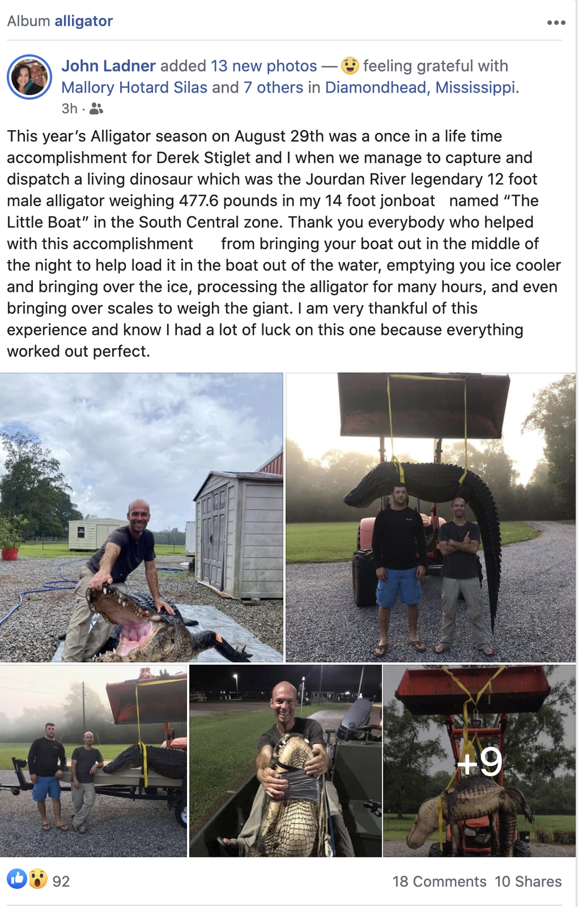 A Mississippi boater is beaming with pride after catching a 12-foot alligator weighing in at 477 pounds.