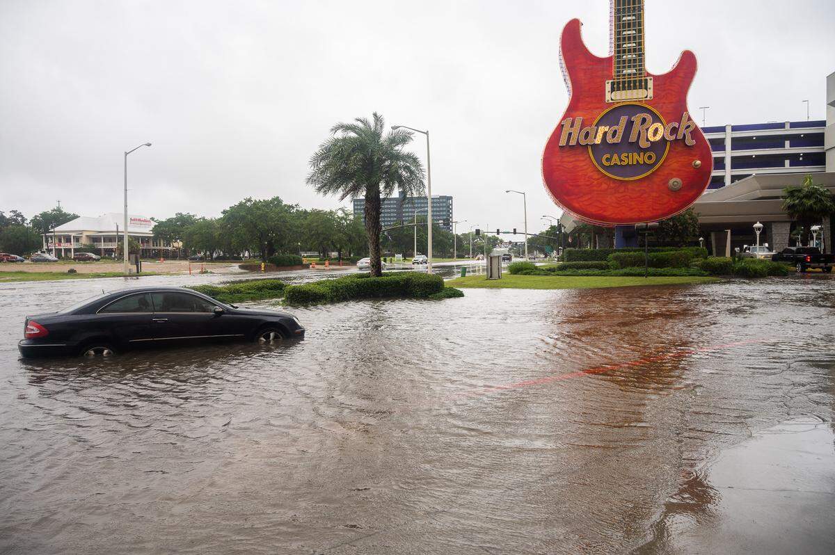 A car stalls at the entrance of the Hard Rock Casino in Biloxi. The entrance was underwater from the storm surges of tropical storm Cristobal on Sunday, June 7th, 2020.