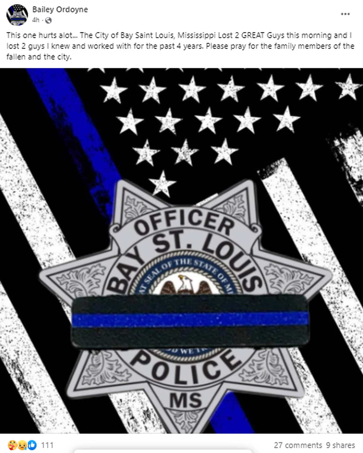 Diamondhead resident Bailey Ordoyne mourns the loss of officers he knew.